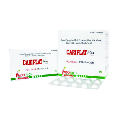 CARICA PAPAYA EXTRACT 350MG& TINOSPORA CORDIFOLIA EXTRACT 150 MG, GOAT MILK POWDER 100MG, WHEAT GERM OIL 40MG, SWERTIA CHIRATA 125 MG (CARIPLAT PLUS)